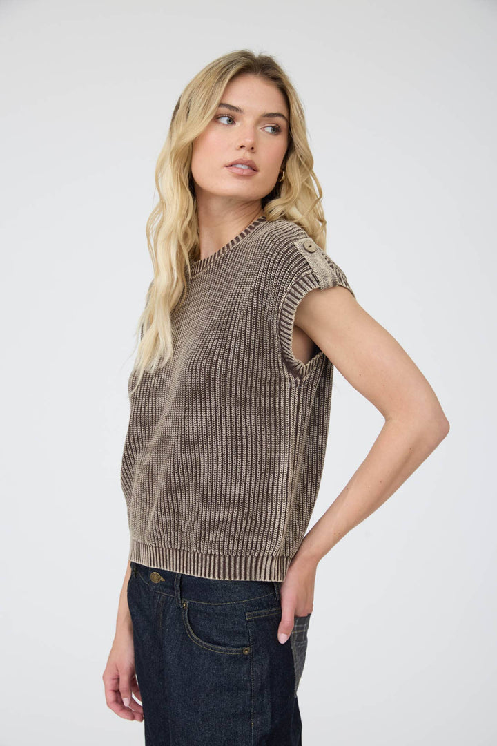 Women's Short Sleeve - ACID WASHED TAB SLEEVE BACK BUTTON KNIT TOP: CHARCOAL - - Cultured Cloths Apparel
