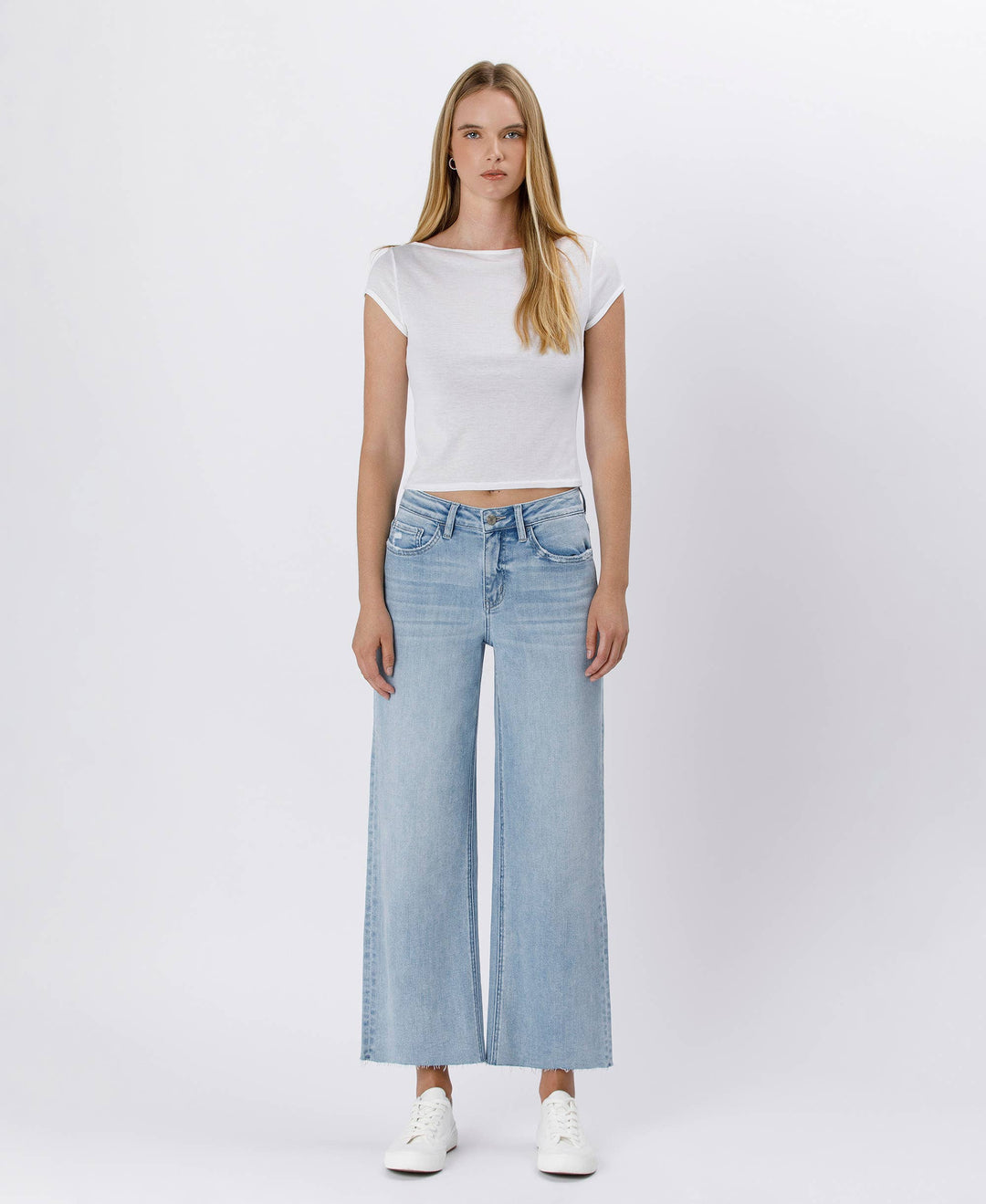 Denim - HIGH RISE LIGHT WASH RAW HEM WIDE LEG JEANS - - Cultured Cloths Apparel