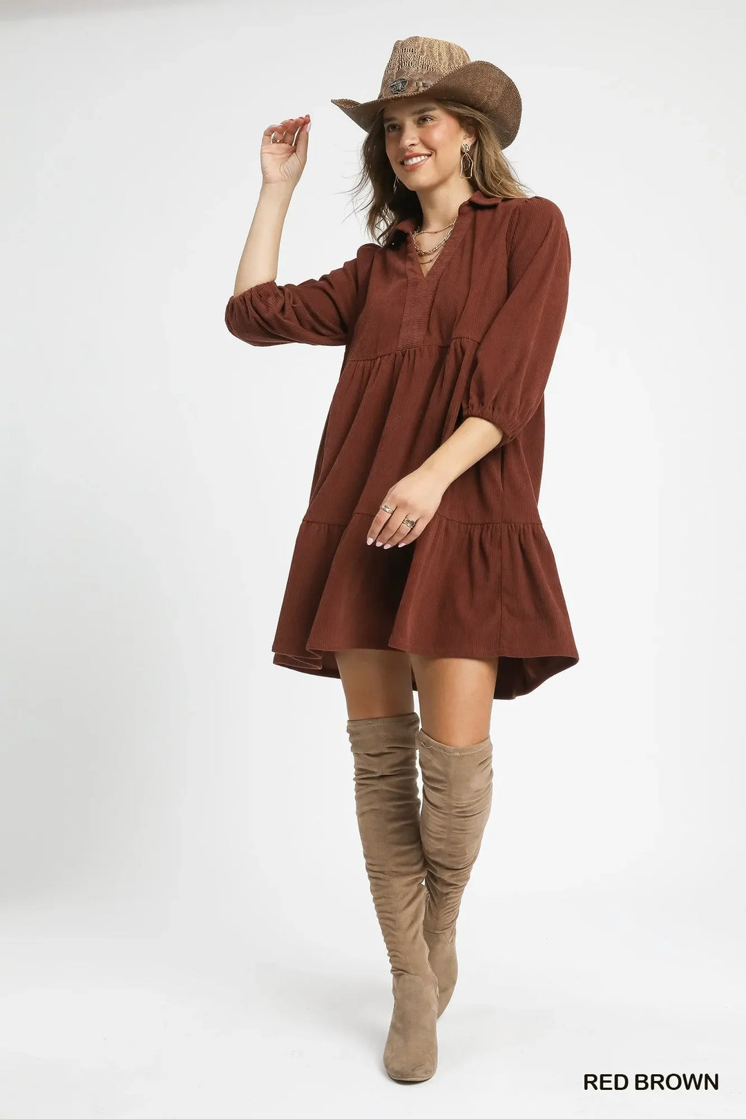 Women's Dresses - Umgee Tiered Corduroy Mini Dress with Balloon Sleeves - - Cultured Cloths Apparel