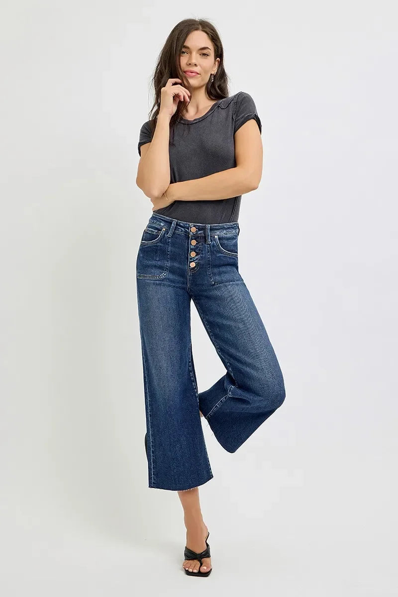 Denim - RISEN Full Size High Rise Crop Wide Button Up Jeans Plus Size - - Cultured Cloths Apparel