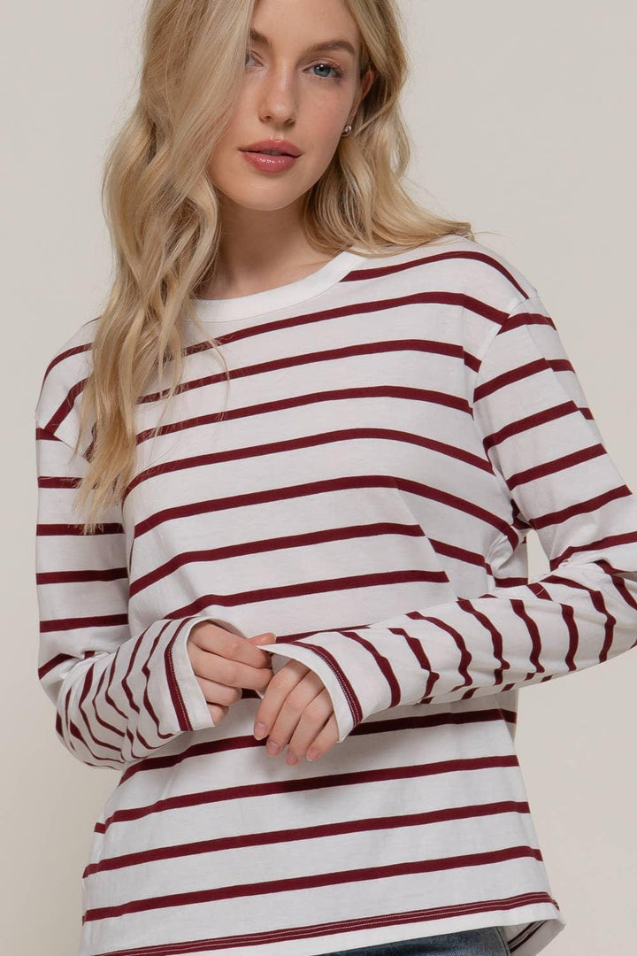 Women's Long Sleeve - Long Sleeve Round Neck Neck Stripe Tee - - Cultured Cloths Apparel