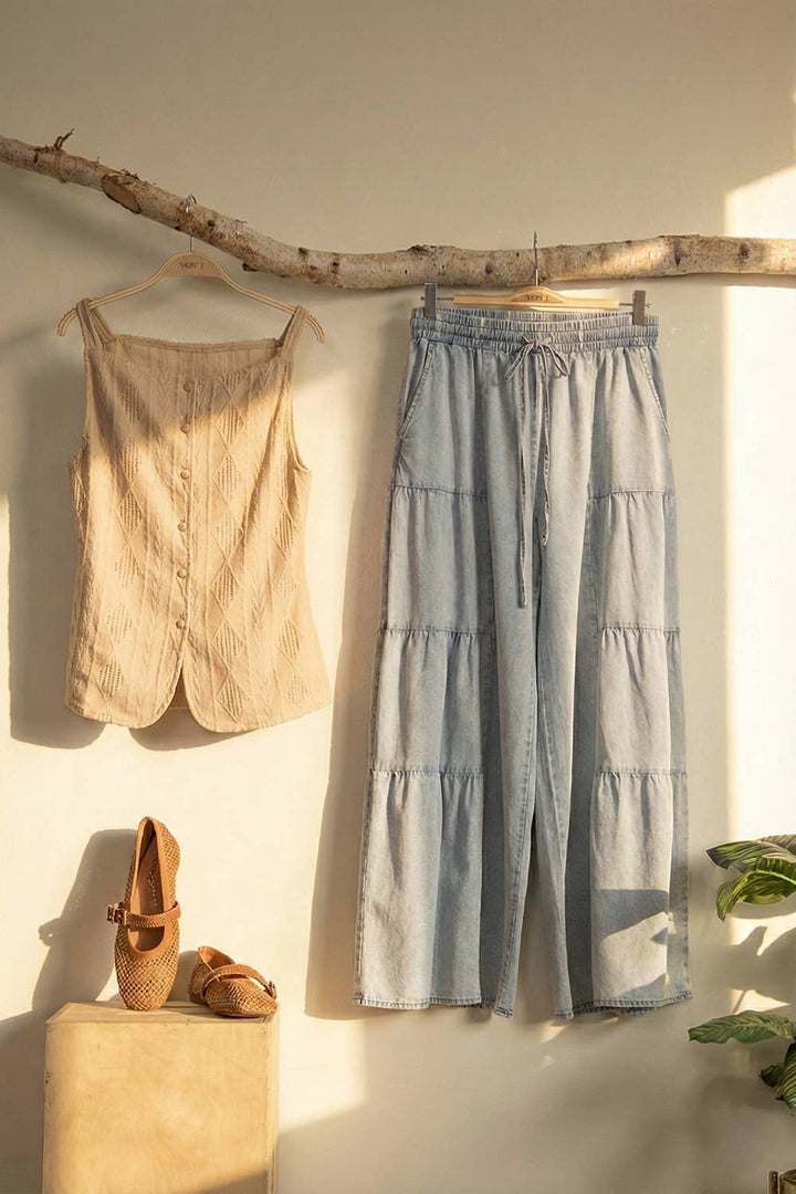 Pants - Tiered Layers Mineral Washed Chambray Pants - - Cultured Cloths Apparel