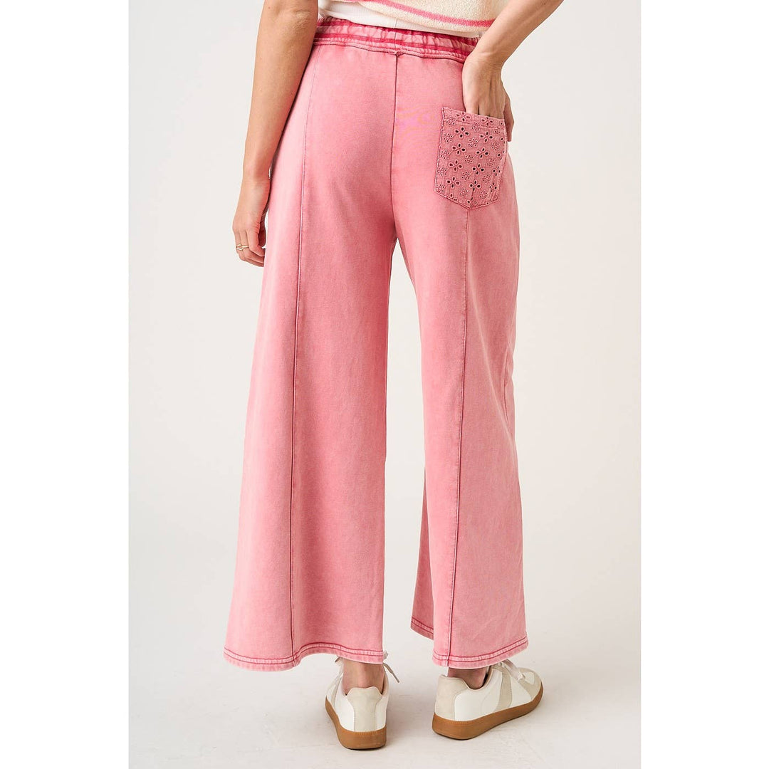 Pants - EYELET LACE POCKET MINERAL WASH WIDE LEG PANTS - - Cultured Cloths Apparel