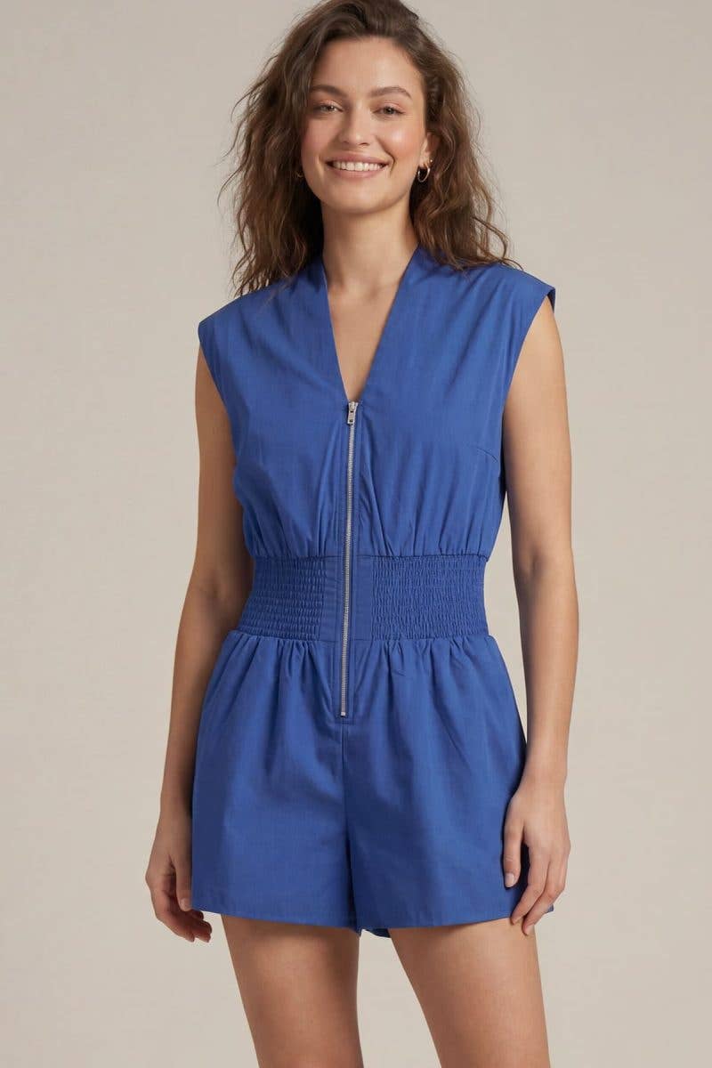 Romper - Cap Sleeve Woven Smocked Waist Front Zip Romper - - Cultured Cloths Apparel