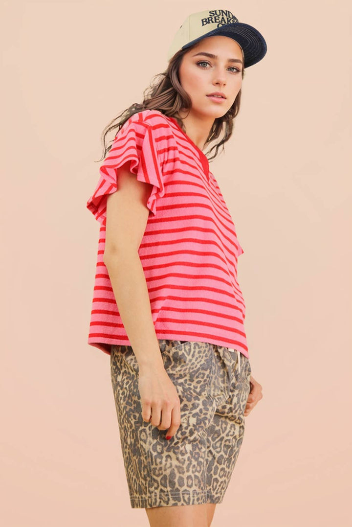 Oversized Ruffle Sleeve Casual Stripe Knit Top