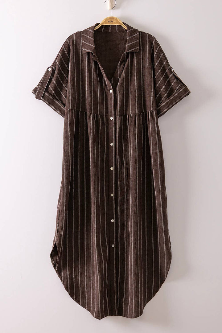 Dresses - Striped Linen Midi Button Down Shirt Dress - - Cultured Cloths Apparel
