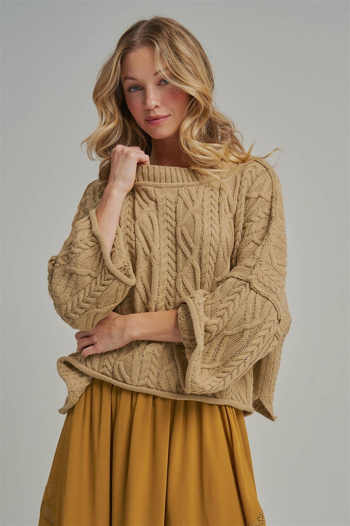 OVERSIZED CABLE KNIT CASUAL BOHO FALL SWEATERTOP