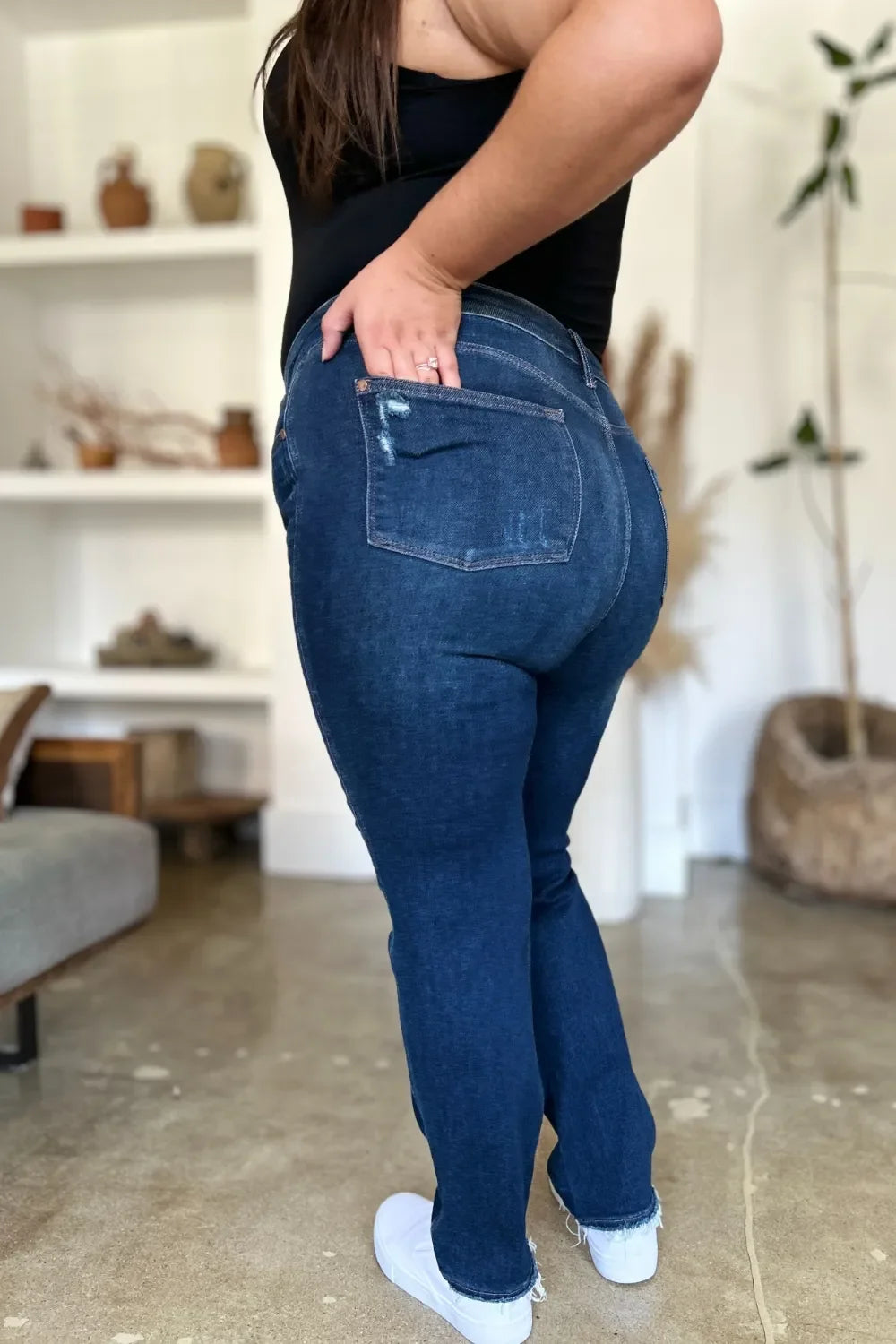 Denim - Judy Blue Full Size High Waist Rigid Magic Heavy Destroy Straight Jeans - - Cultured Cloths Apparel