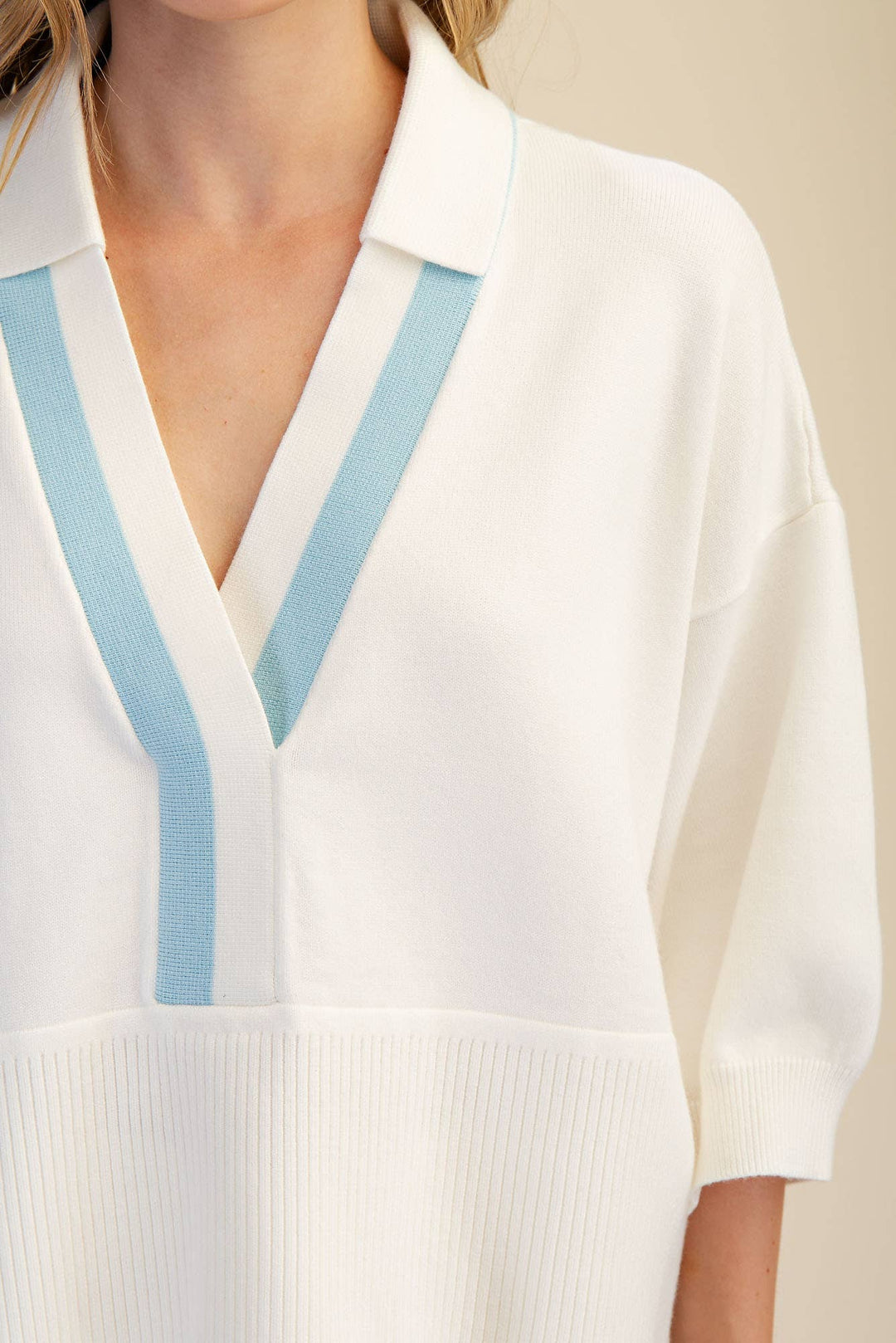 Nude Collar With Contrast Trim Loose Fit Dropped Shoulder Sweater