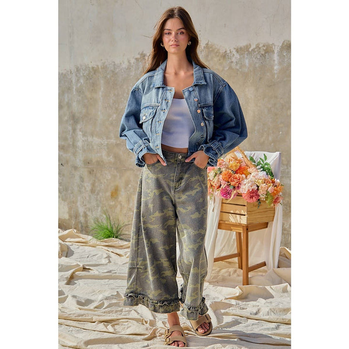 Pants - CAMOUFLAGE DENIM RUFFLED HEM MID RISE PANTS - - Cultured Cloths Apparel