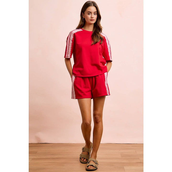 FRENCH TERRY SIDE LACE DETAIL SHORT SLEEVES TOP