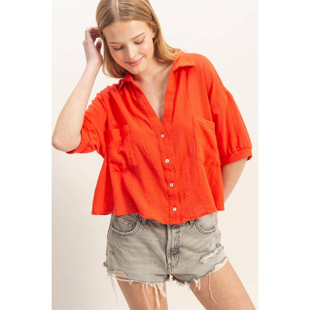 Women's Short Sleeve - Textured Button-Up Shirt - RED ORANGE - Cultured Cloths Apparel