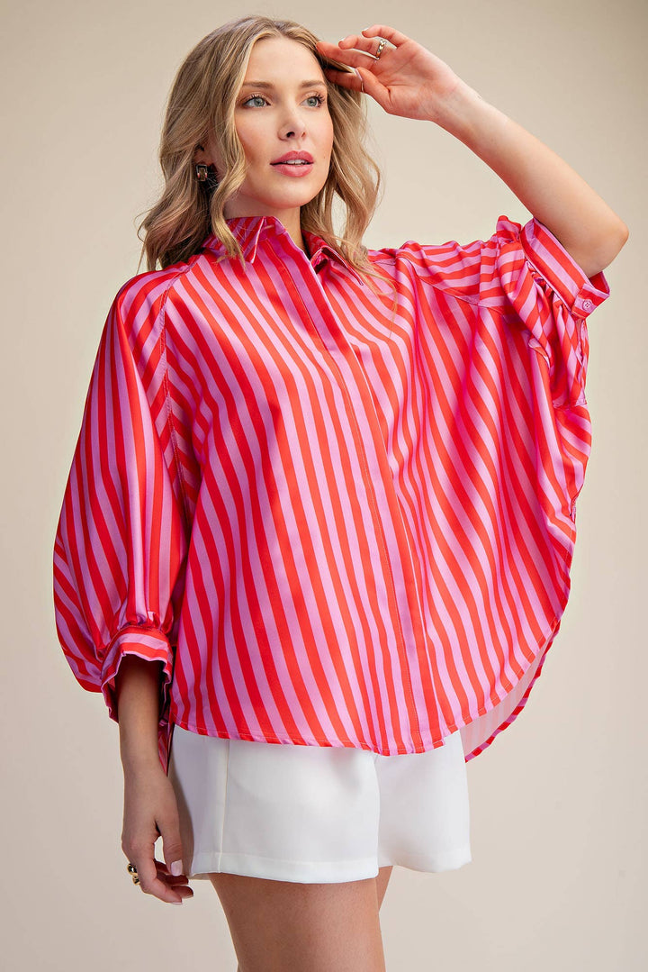 Women's 3/4 Sleeve - Balloon Dolman Sleeve Button Front Oversized Shirt - - Cultured Cloths Apparel