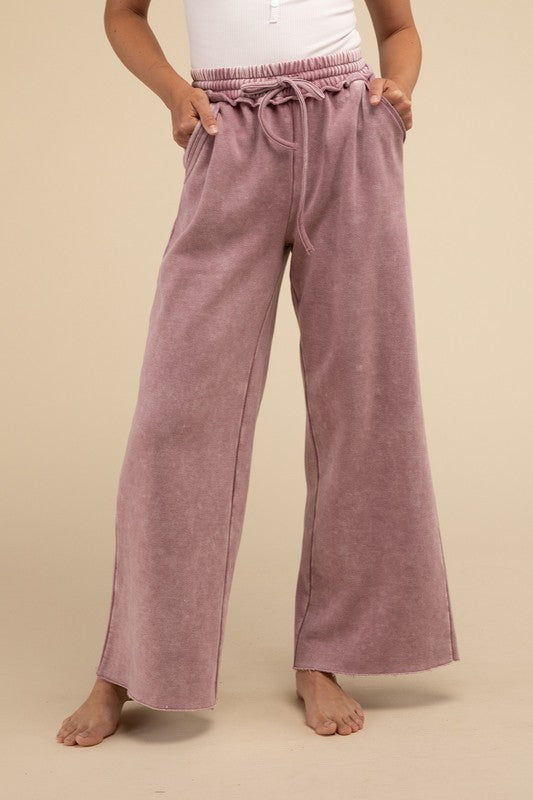  - Acid Wash Fleece Palazzo Sweatpants with Pockets - LT ROSE - Cultured Cloths Apparel
