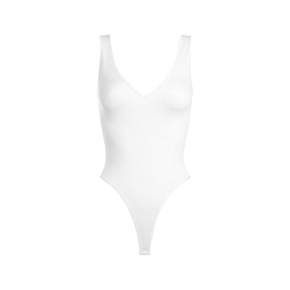 Athleisure - Ribbed V Neck Bodysuit - White - Cultured Cloths Apparel