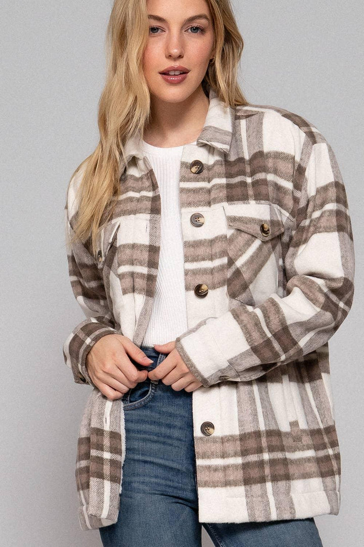 Outerwear - Long Sleeve Inside Faux Fur Brushed Plaid Jacket - TAUPE/BRN - Cultured Cloths Apparel