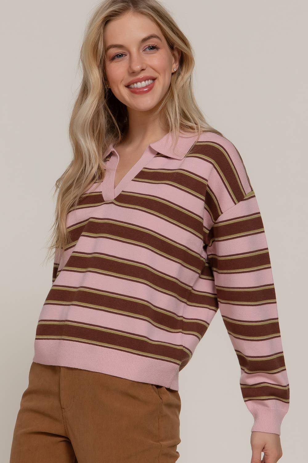 Women's Sweaters - Long Sleeve Multi Stripe Polo Sweater - - Cultured Cloths Apparel