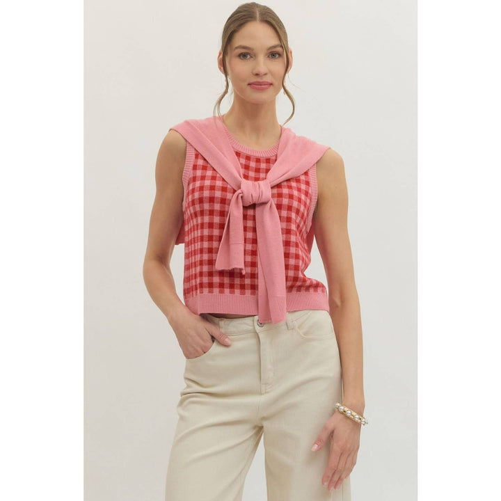 Women's Sleeveless - Gingham sleeveless sweater knit top - - Cultured Cloths Apparel