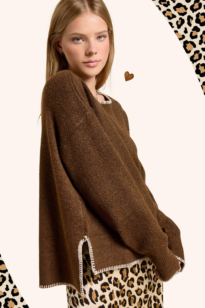 Hi-Low Crew Neck Sweater W/ Contrast Blanket Stitch