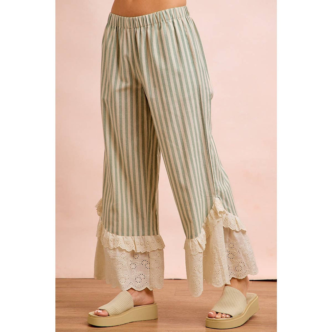 Pants - STRIPE WOVEN RUFFLED LACE HEM PANTS WITH SIDE POCKET - - Cultured Cloths Apparel