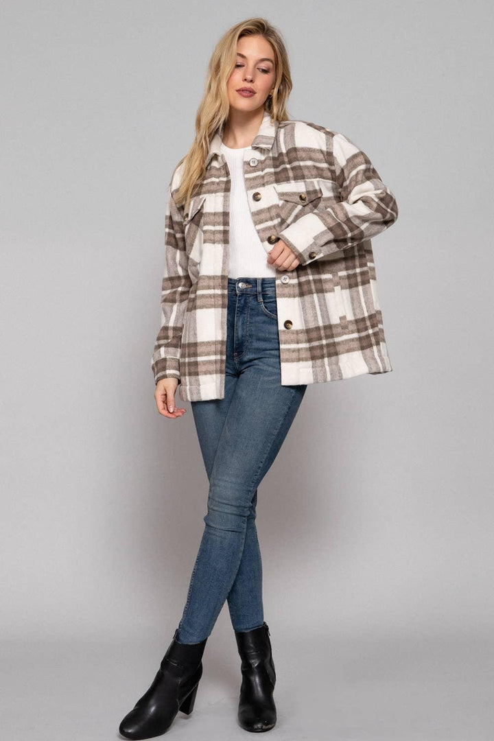 Outerwear - Long Sleeve Inside Faux Fur Brushed Plaid Jacket - - Cultured Cloths Apparel