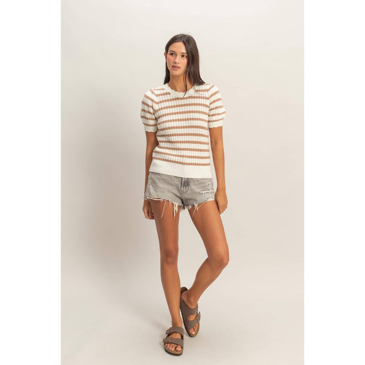 Striped Scallop Edge Puff Sleeve Knit Top