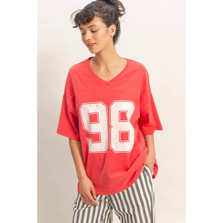 Graphic T-Shirts - Oversized Varsity Style V-Neck Graphic T-Shirt - - Cultured Cloths Apparel
