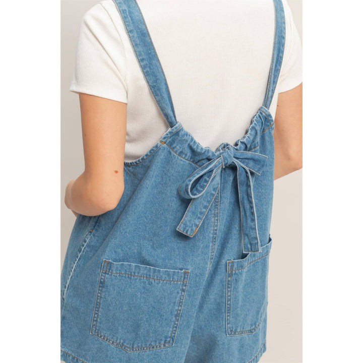 Denim Romper With Gathered Neck
