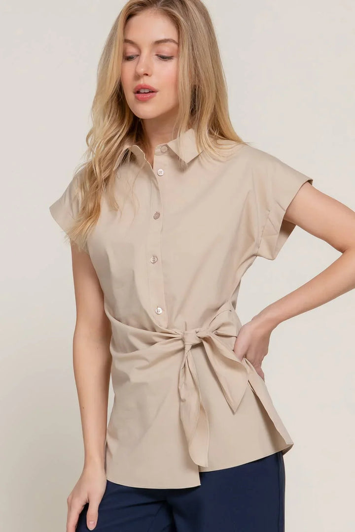 Women's Short Sleeve - Short Dolman Sleeve Button Down Side Knot Poplin Shirt - - Cultured Cloths Apparel