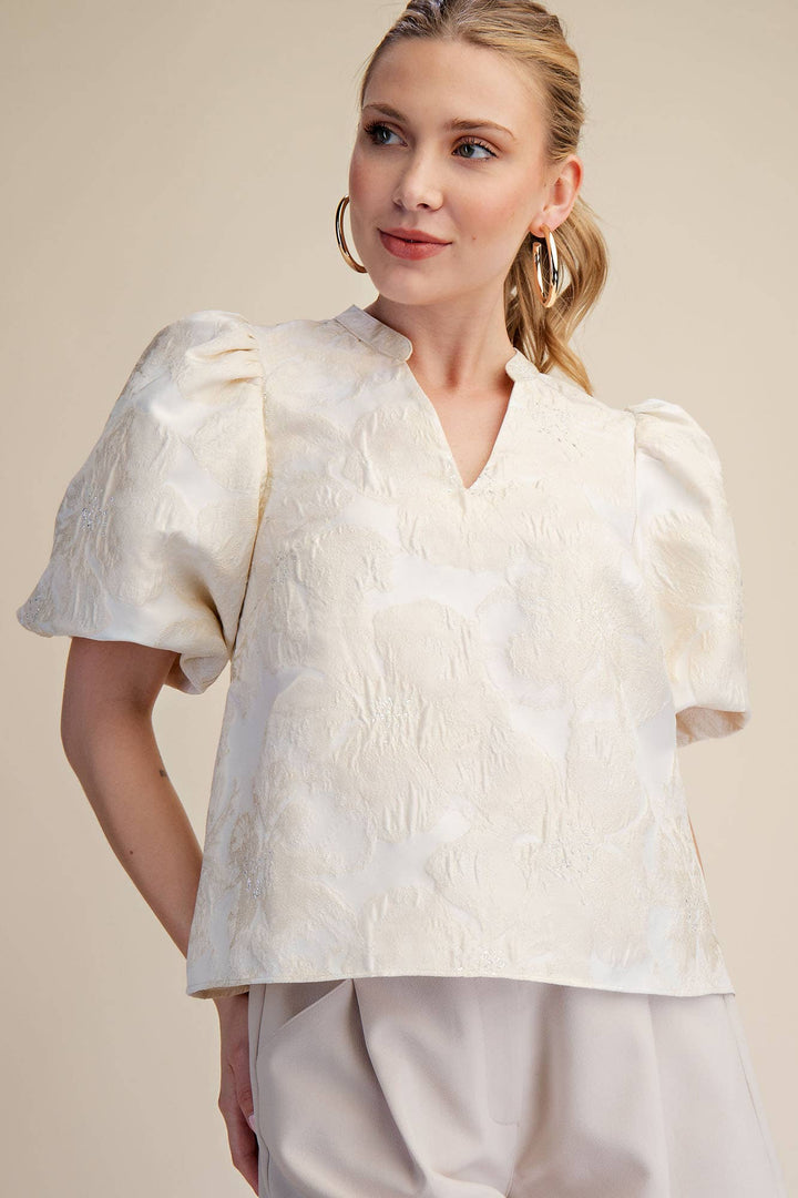 Women's Short Sleeve - V-Neck Puff Sleeve Jacquard Top - - Cultured Cloths Apparel