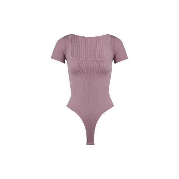 Athleisure - Ribbed Square Neck Tee Bodysuit - V. Purple - Cultured Cloths Apparel