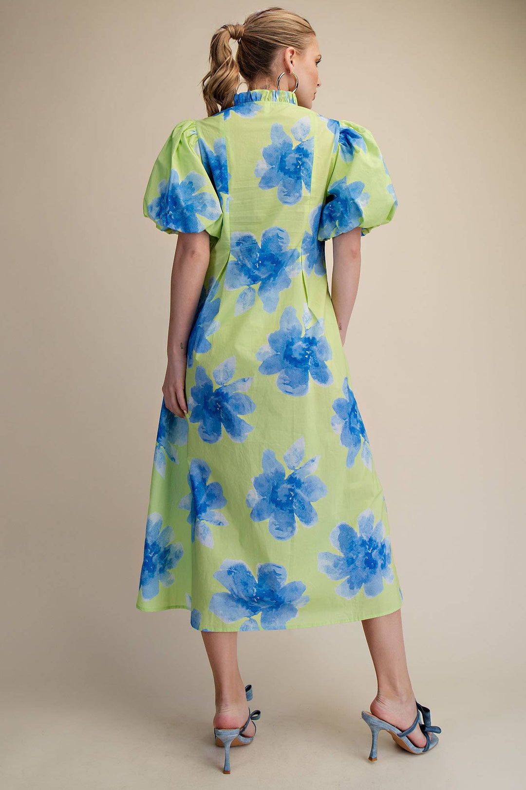 Lime Ruffle V-Neck Puff Sleeve Waist Pleated Midi Dress