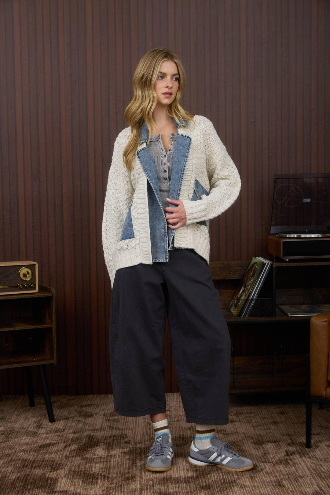 Outerwear - MIXED MEDIA CABLE KNIT DENIM TRIM JACKET - - Cultured Cloths Apparel