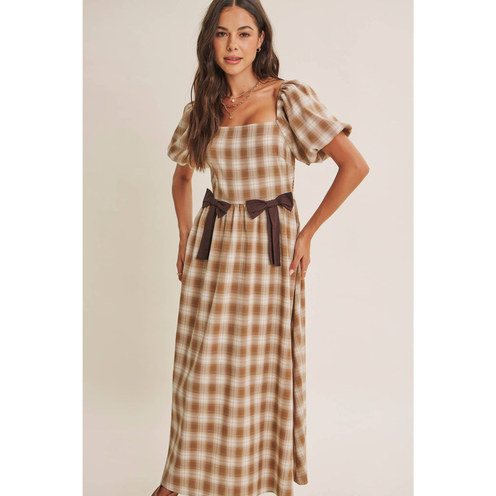 Women's Dresses - GOLDEN FIELD PLAID SMOCKED MIDI DRESS WITH CONTRAST BOW - - Cultured Cloths Apparel
