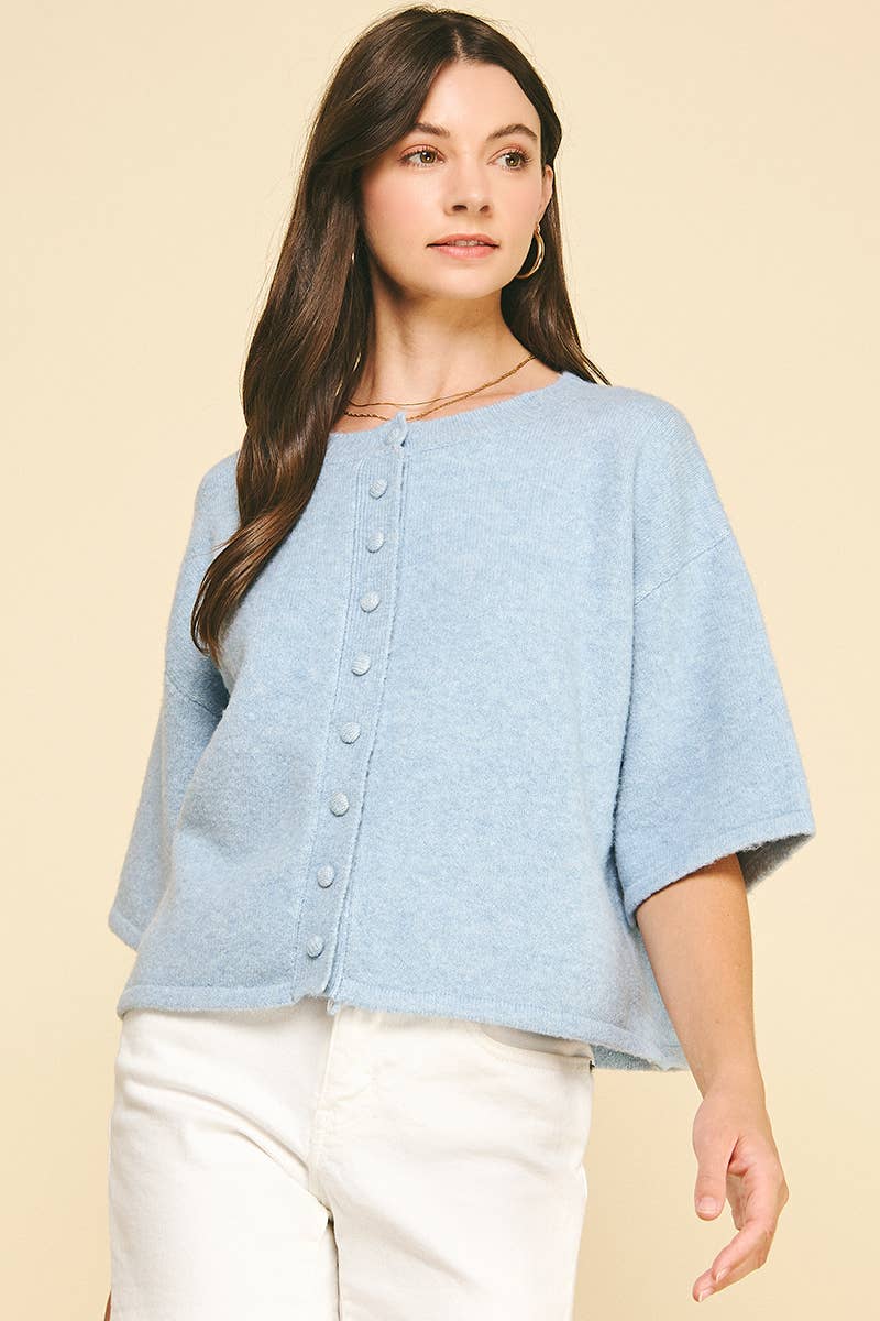 BLUE BUTTON DOWN SHORT SLEEVE SWEATER