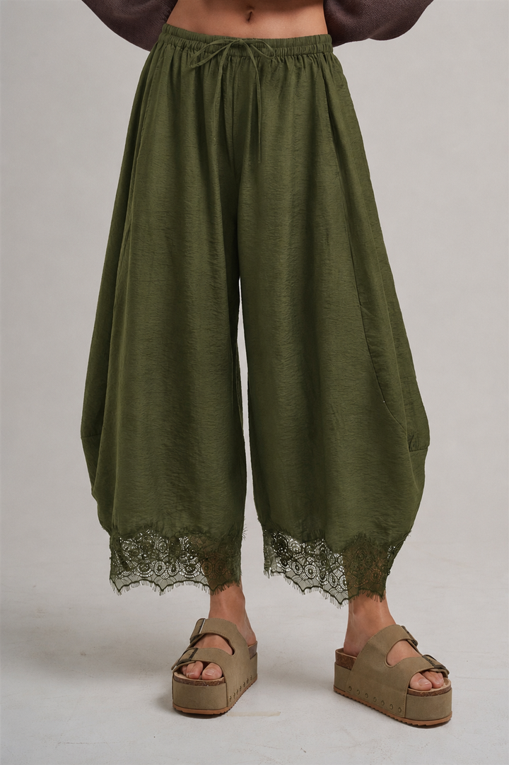 LIGHTWEIGHT FLOWY WIDE BALLOON LEG PANTS WITH DELICATE LACE
