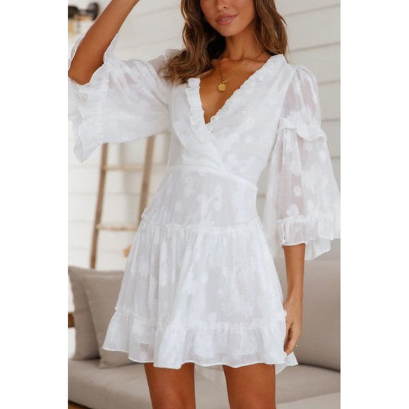 Women's Dresses - Chiffon Ruffle Mini Dress - WHITE - Cultured Cloths Apparel