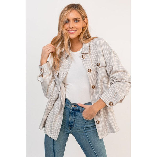 Outerwear - Pocket Detail Oversized Jacket - WHITE-TAUPE GINGHAM - Cultured Cloths Apparel