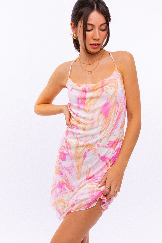 Women's Dresses - Cowl Neck Cami Mini Dress - PINK-ORANGE ABSTRACT - Cultured Cloths Apparel
