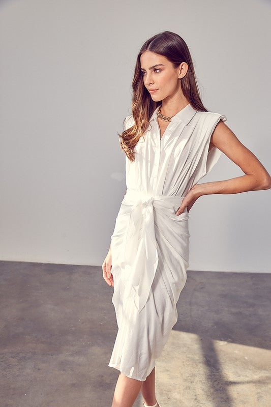 Women's Dresses - Sleeveless Button Front Tie Dress - OFF WHITE - Cultured Cloths Apparel