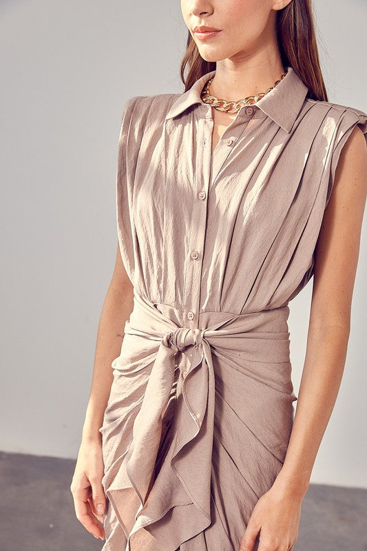 Women's Dresses - Sleeveless Button Front Tie Dress -  - Cultured Cloths Apparel