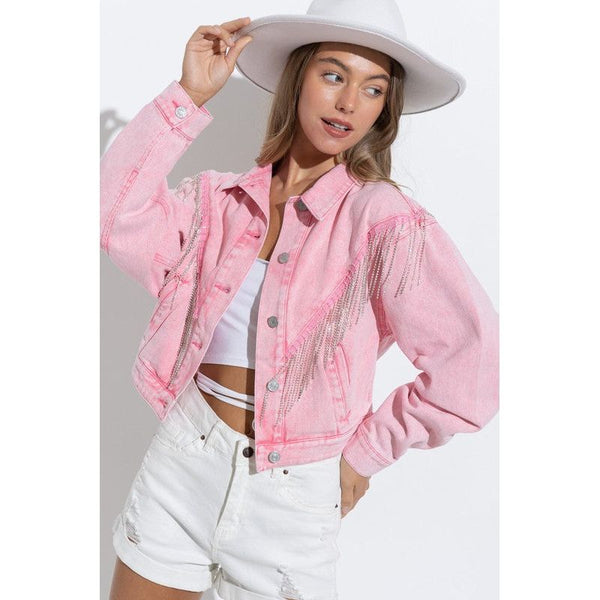 Outerwear - Denim Chevron Fringe Jacket - Pink - Cultured Cloths Apparel