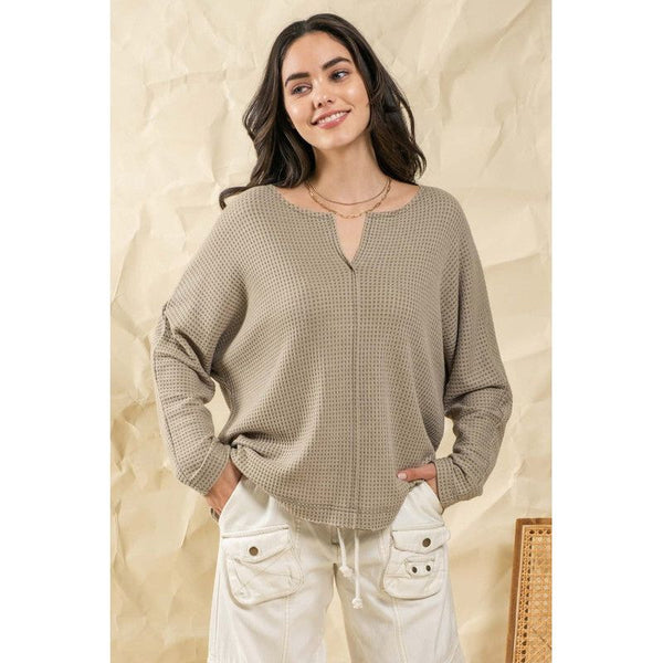 Women's Long Sleeve - Split Neck Waffle Knit Long Sleeve Top -  - Cultured Cloths Apparel