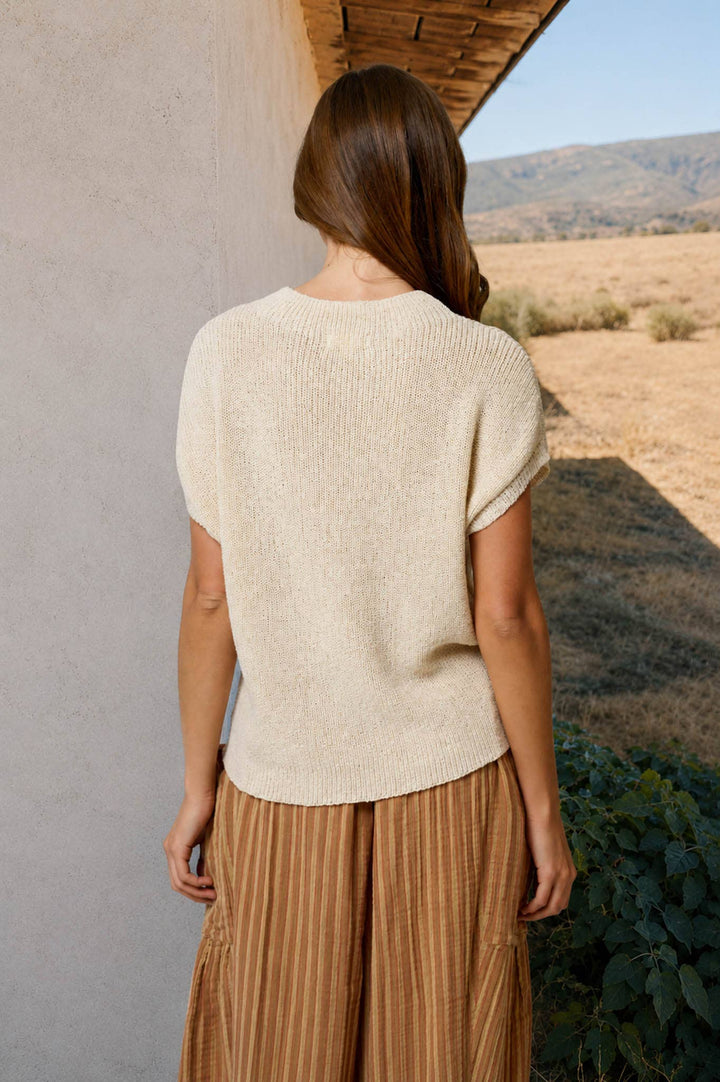 POCKET DETAIL DROP SHOULDER SHORT SLEEVE SWEATER