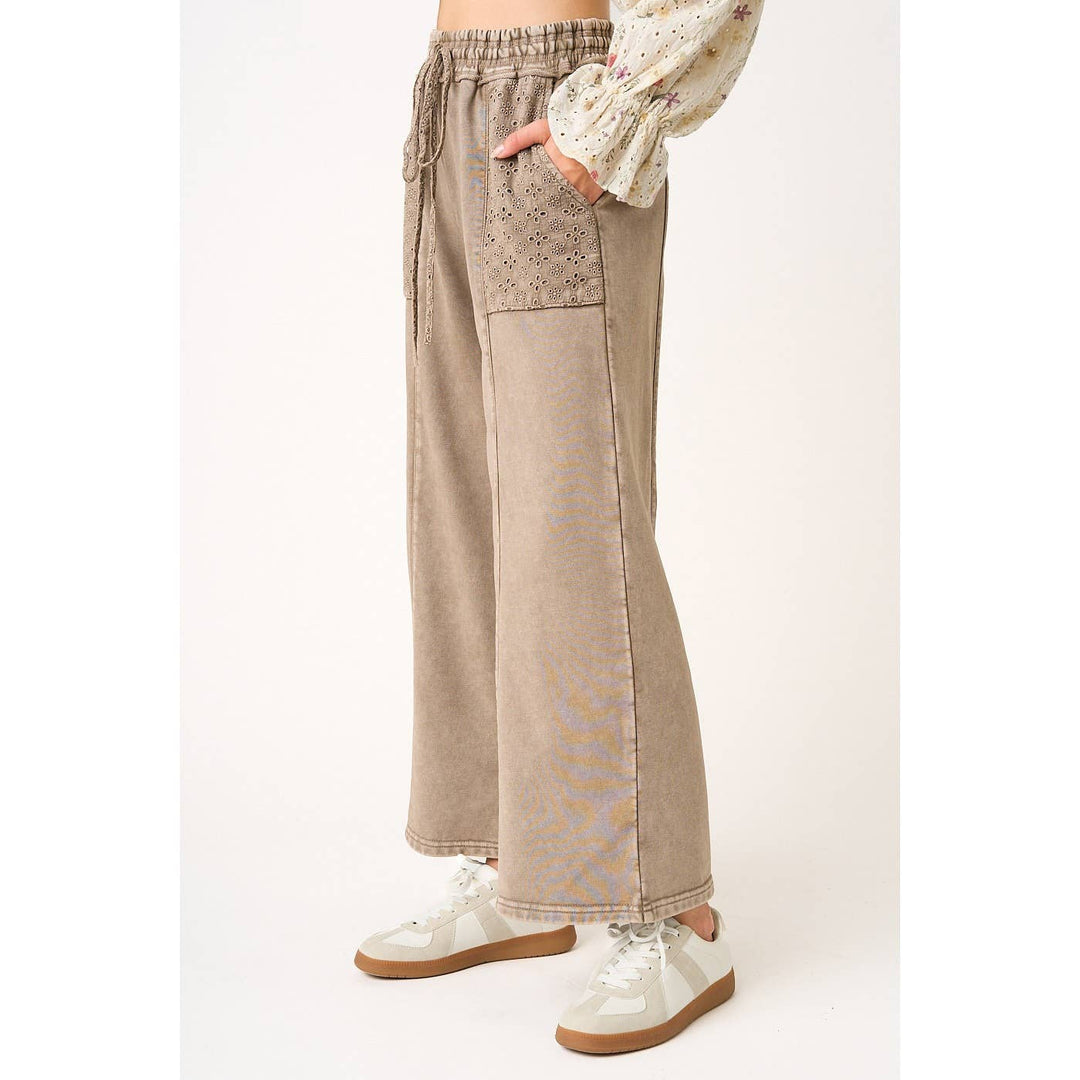 Pants - EYELET LACE POCKET MINERAL WASH WIDE LEG PANTS - - Cultured Cloths Apparel