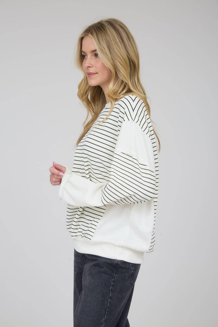 Women's Long Sleeve - CONTRAST STRIPE RAW EDGE LONG SLEEVE KNIT TOP - - Cultured Cloths Apparel