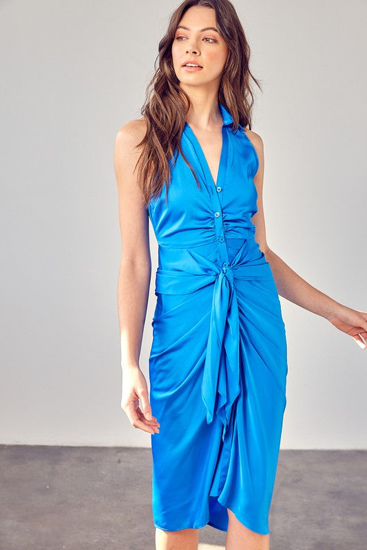 Women's Dresses - SLEEVELESS COLLAR FRONT TIE DRESS - MALDIVE BLUE - Cultured Cloths Apparel