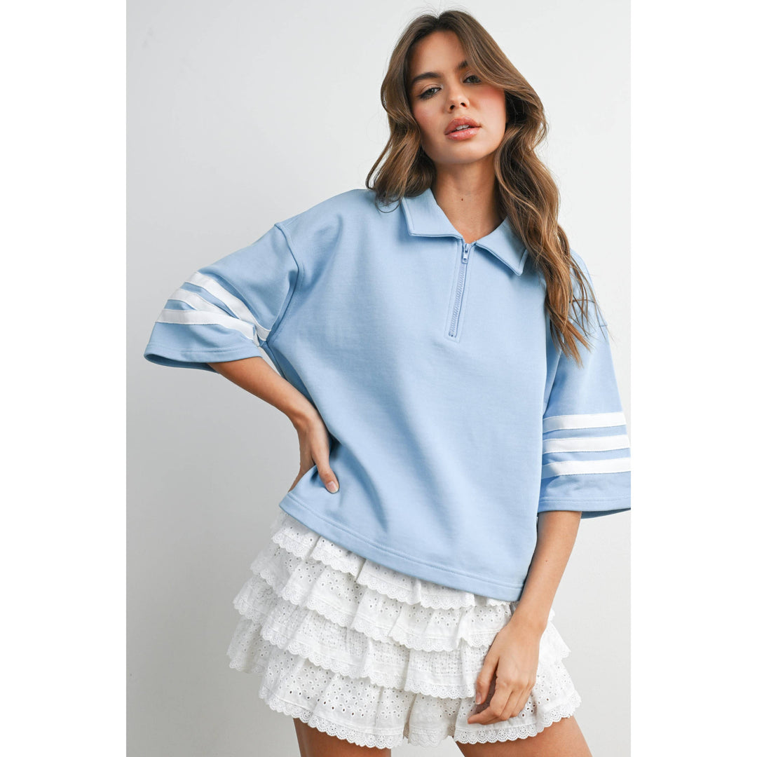 Women's Short Sleeve - Striped Sleeve Quarter-Zip Pullover - - Cultured Cloths Apparel