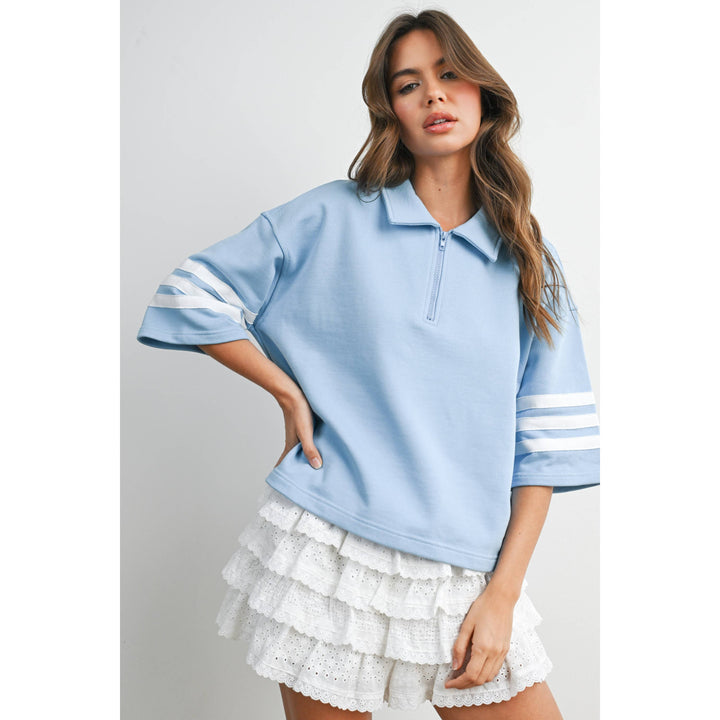 Women's Short Sleeve - Striped Sleeve Quarter-Zip Pullover - - Cultured Cloths Apparel