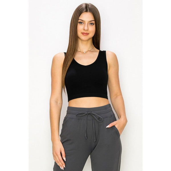 Athleisure - Ribbed Cropped Tank with Reversible Neckline - Black - Cultured Cloths Apparel